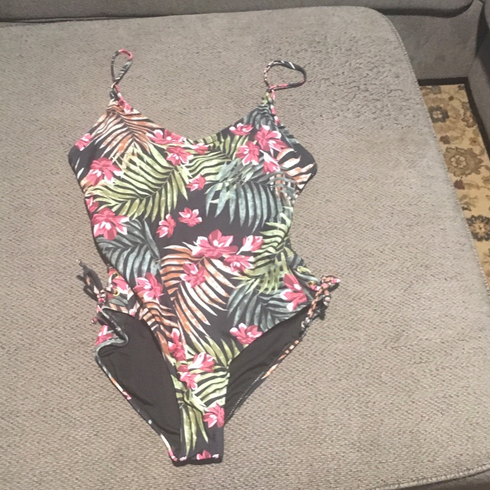 Women’s Tropical One-Piece Swimsuit - Black with Pink & Green